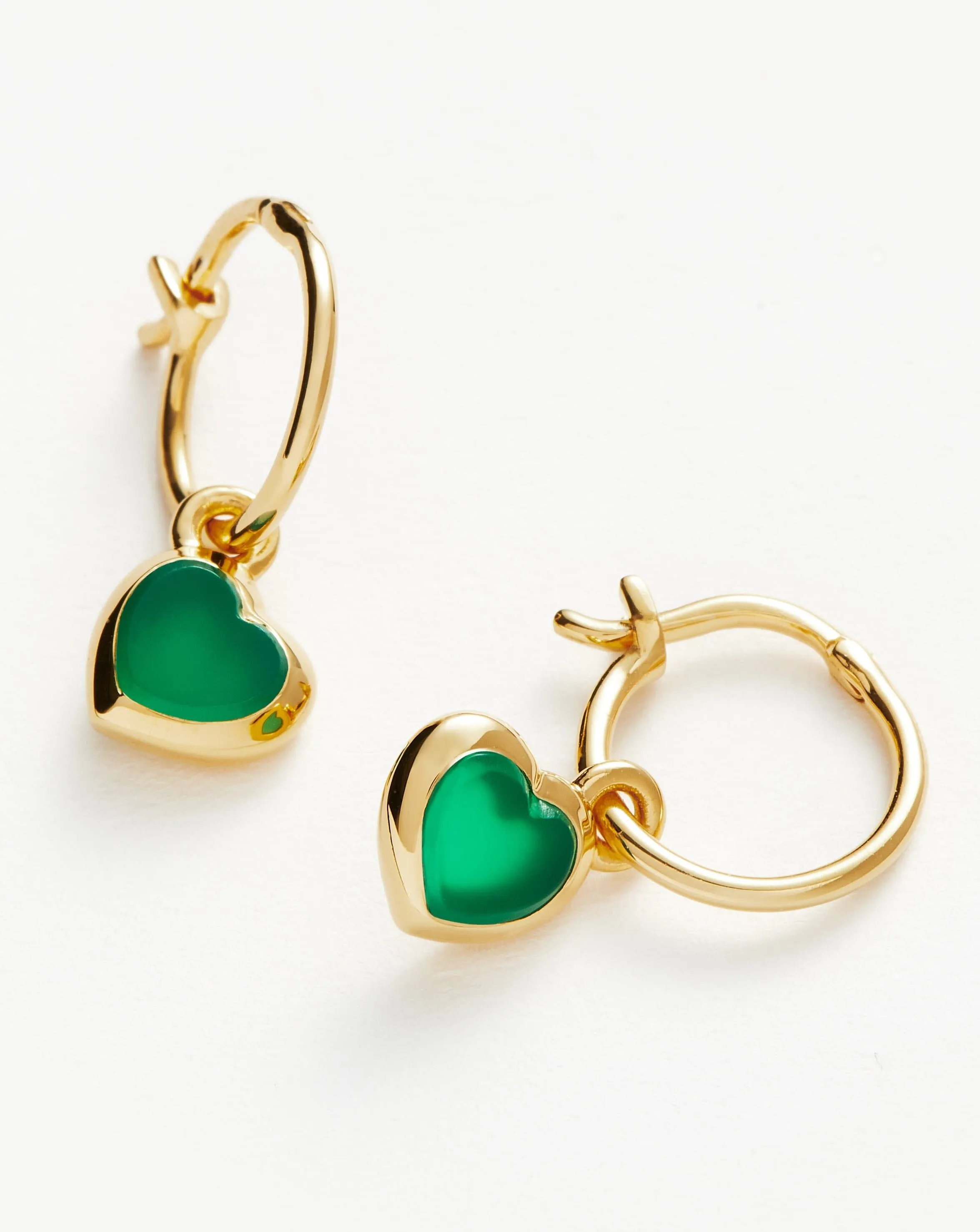 Jelly Heart Charm Mini Hoop Earrings | 18ct Gold Plated Vermeil/Green Chalcedony