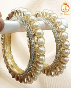 Kada -Elegant Pearl & American Diamond Stone Single piece Bangle