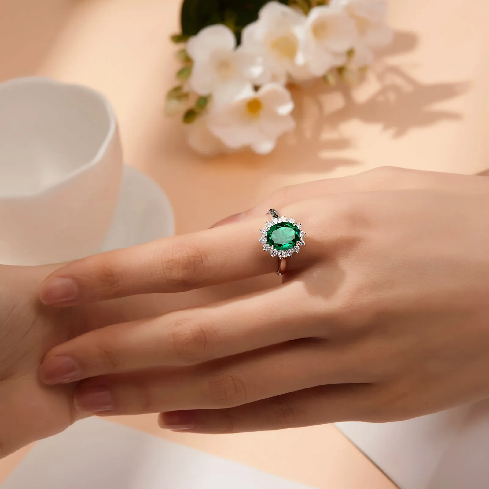 Lafonn Simulated Oval Cut Emerald & Diamond Halo Ring