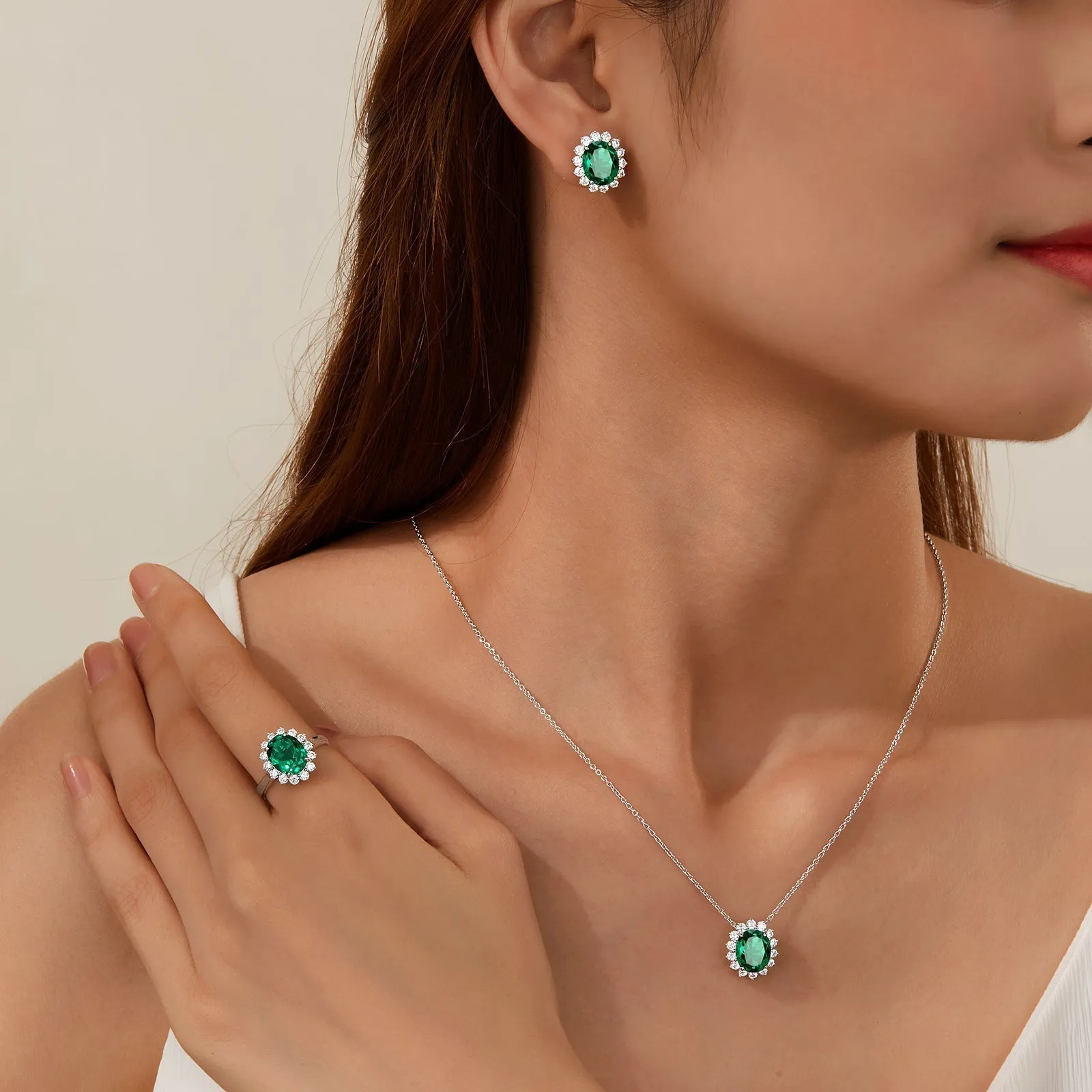 Lafonn Simulated Oval Cut Emerald & Diamond Halo Ring