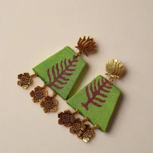 Light Green Leaf Pattern Golden Charm Earrings
