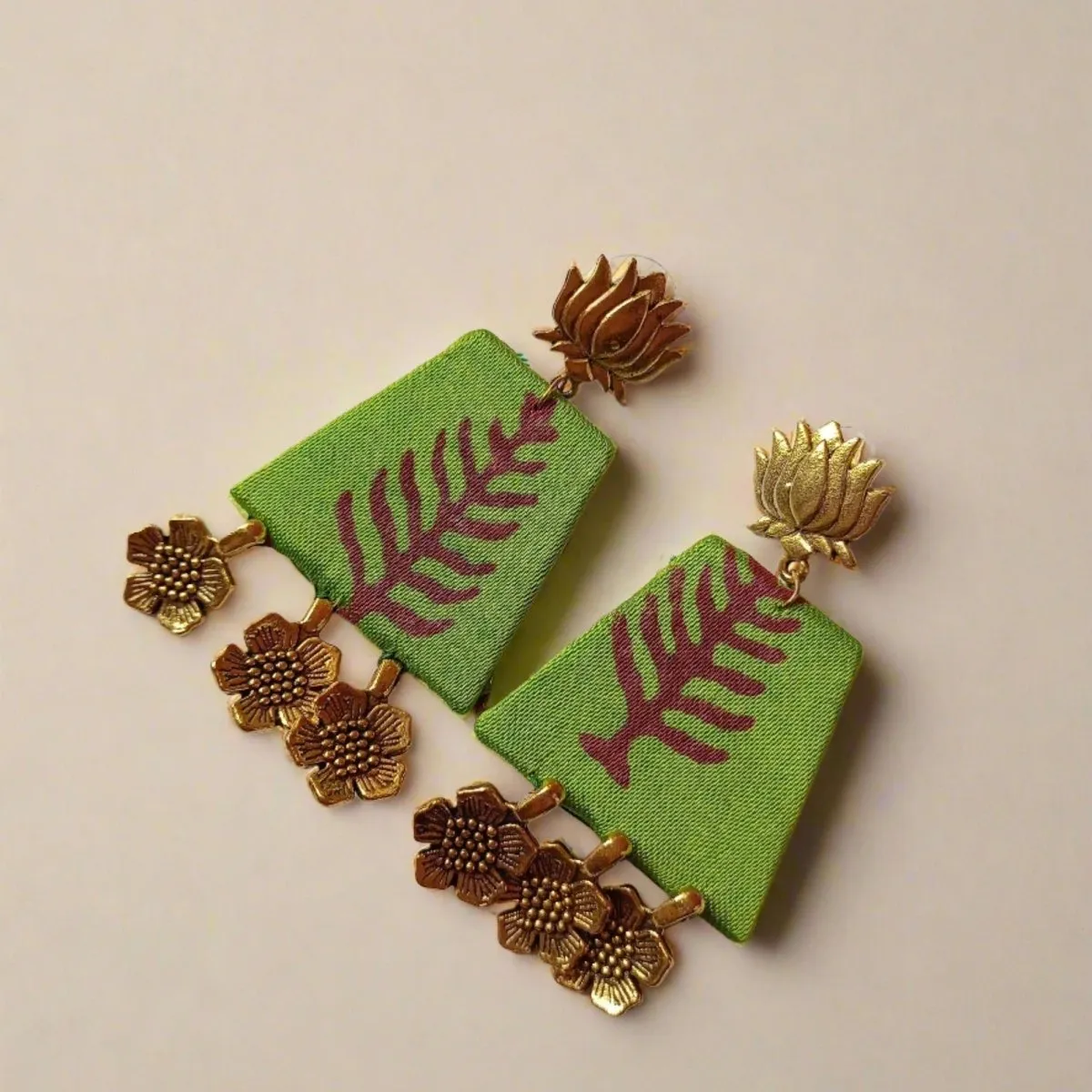 Light Green Leaf Pattern Golden Charm Earrings