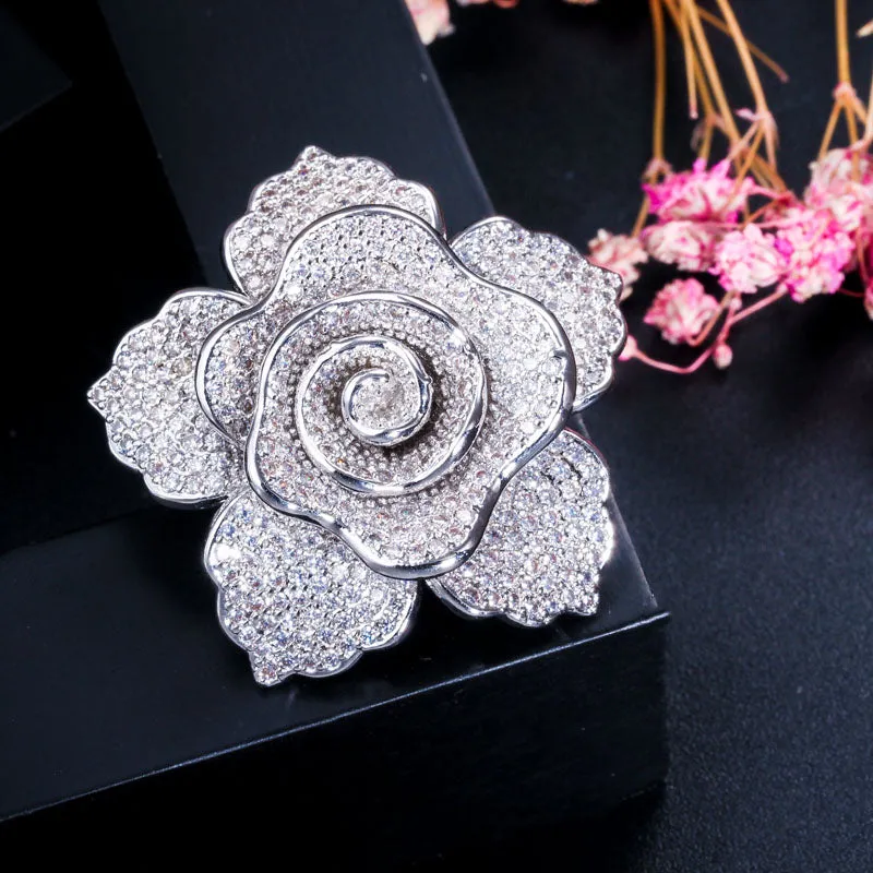 Micro Pave Cubic Zirconia Large Flower Shape Brooches Jewelry