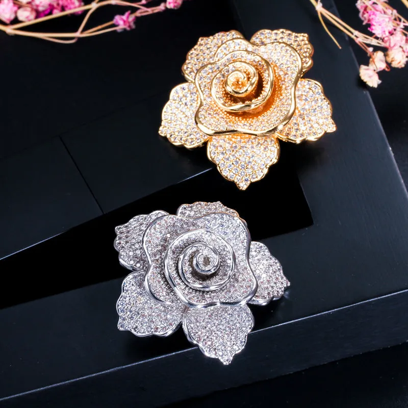Micro Pave Cubic Zirconia Large Flower Shape Brooches Jewelry