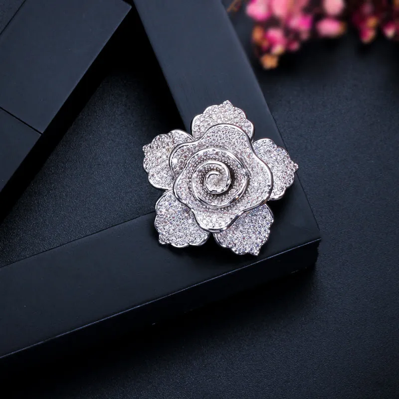 Micro Pave Cubic Zirconia Large Flower Shape Brooches Jewelry