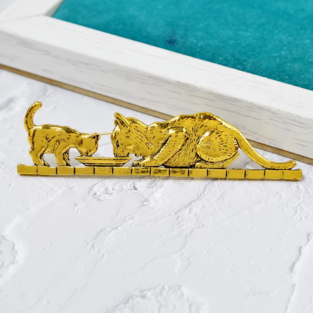 Mom And Kid Cat Brooch Vintage Cute Animal Pin Eating Food Kitty Jewelry