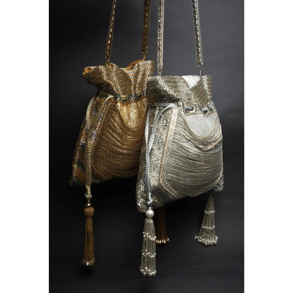 Nayaab by Sonia Women Hinted Pewter Silver Potli