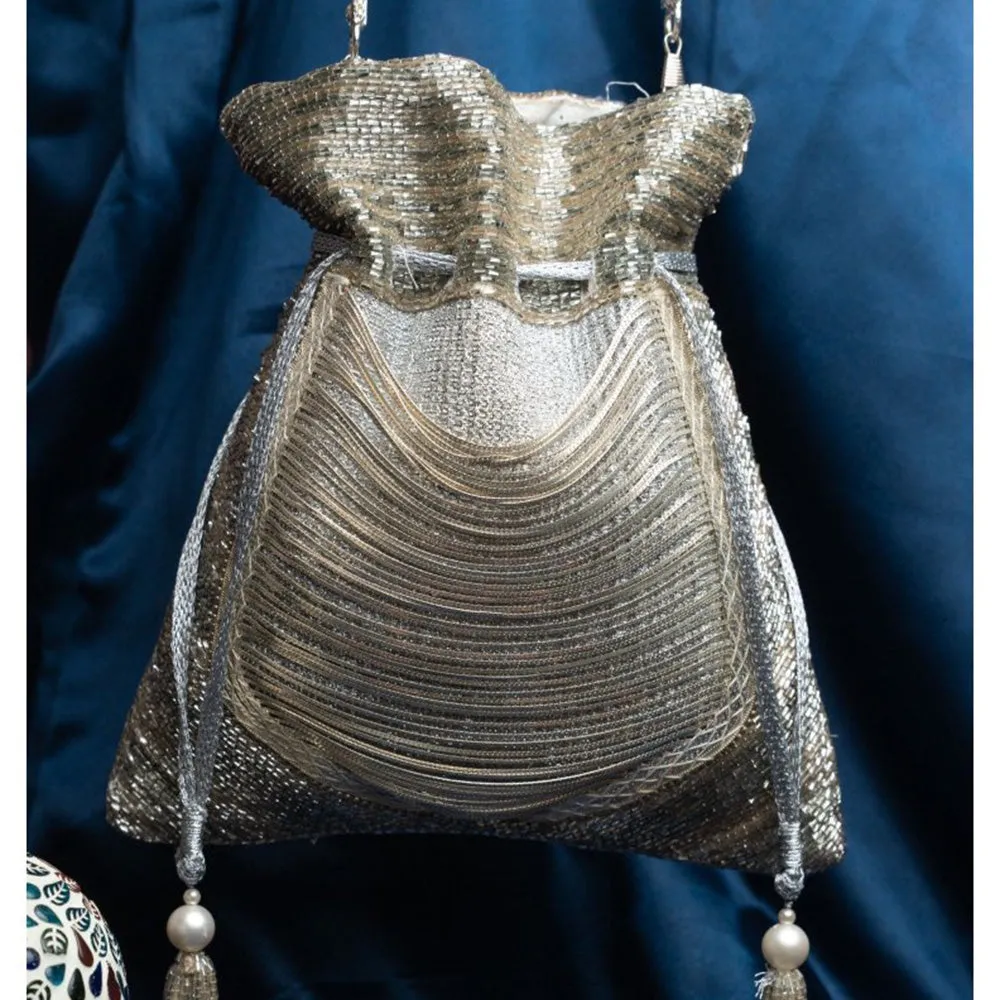 Nayaab by Sonia Women Hinted Pewter Silver Potli