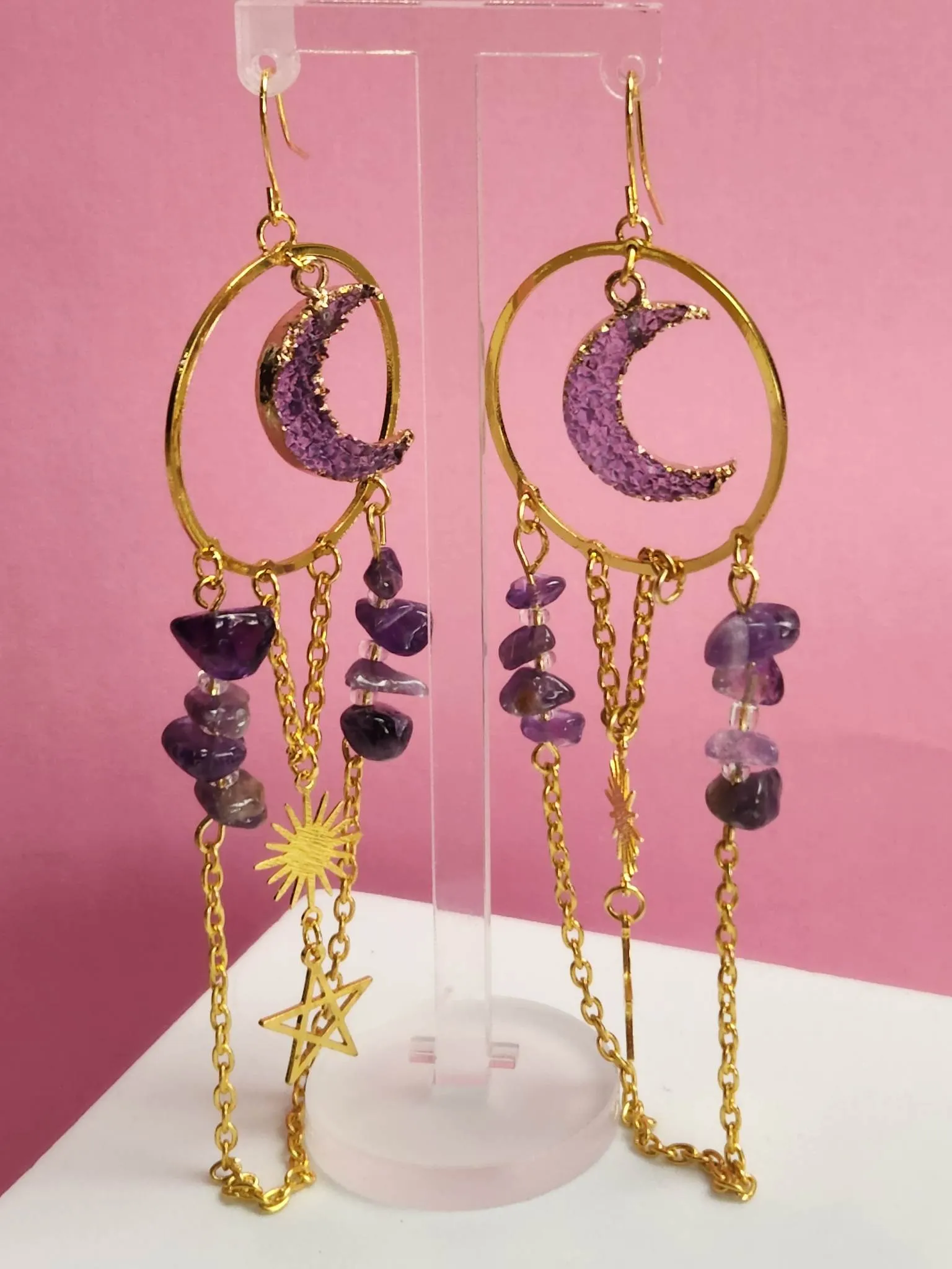 Pair Gold Plated Crescent Moon Faux Crystal Purple Sun Dangle Earrings