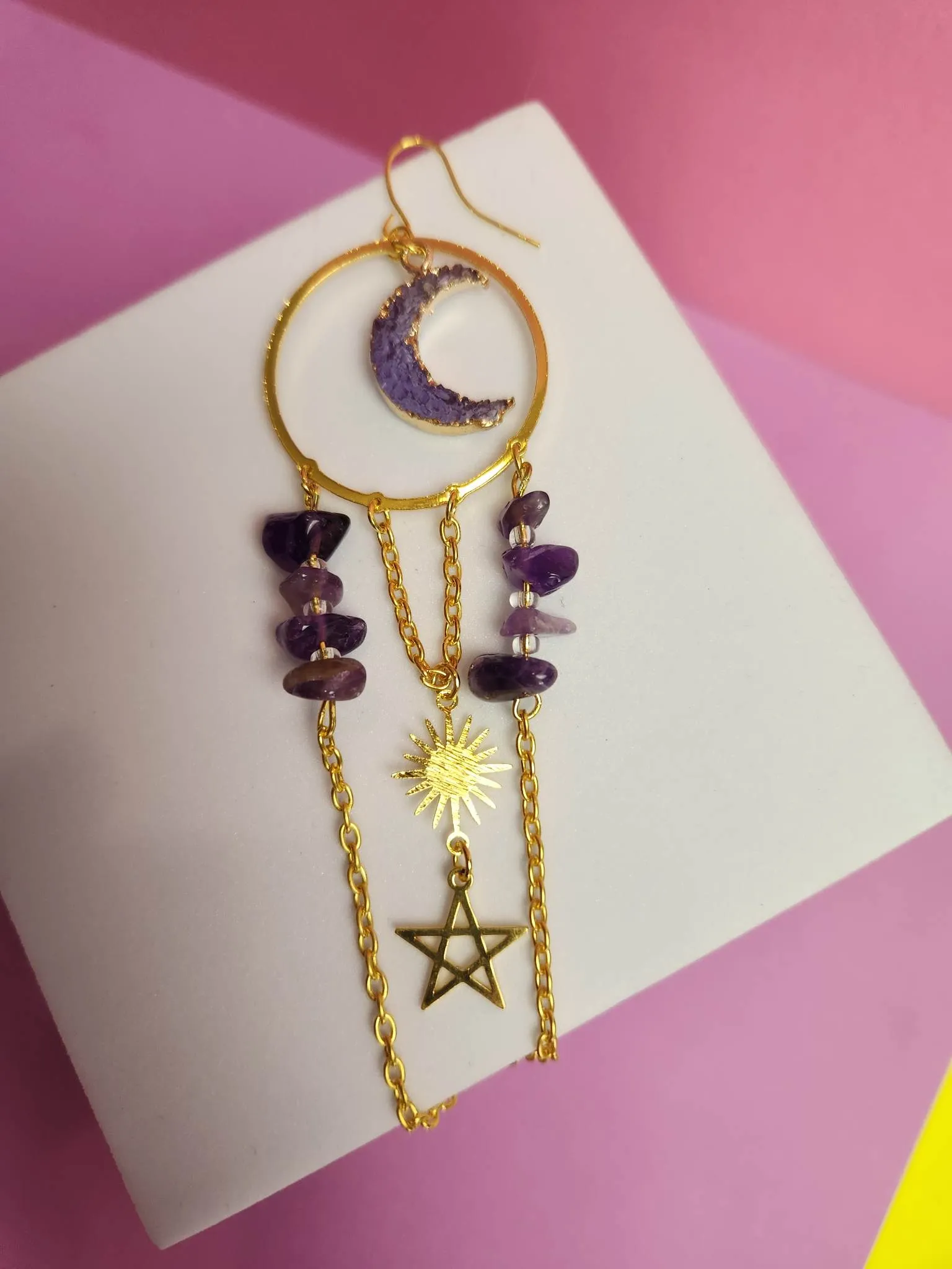 Pair Gold Plated Crescent Moon Faux Crystal Purple Sun Dangle Earrings