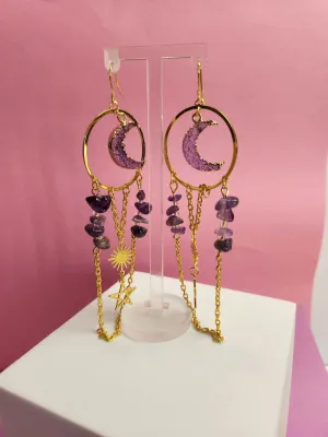 Pair Gold Plated Crescent Moon Faux Crystal Purple Sun Dangle Earrings