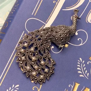 Peacock Silver, Marcasite and Pearl Brooch