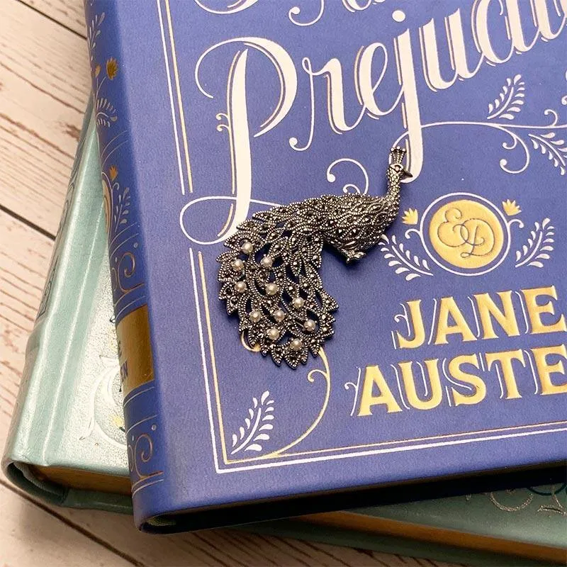 Peacock Silver, Marcasite and Pearl Brooch