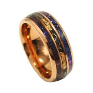 "Monaco" Rose Gold Leaf Blue Opal Meteorite Tungsten Ring 24K Gold Leaf Men's Wedding Band, 8mm