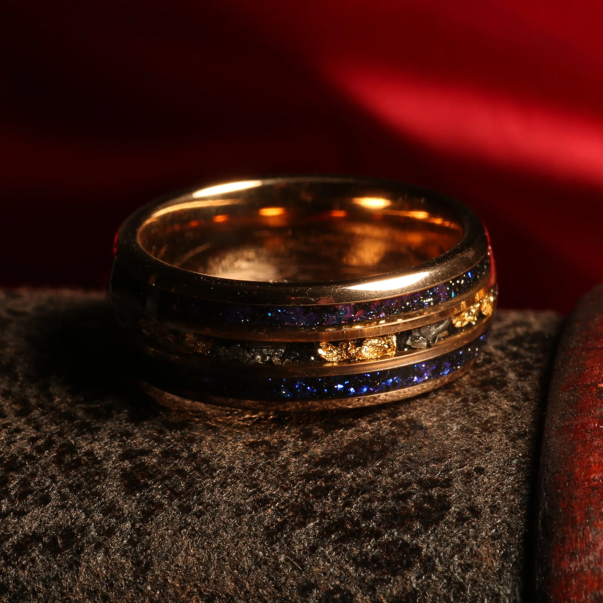 "Monaco" Rose Gold Leaf Blue Opal Meteorite Tungsten Ring 24K Gold Leaf Men's Wedding Band, 8mm