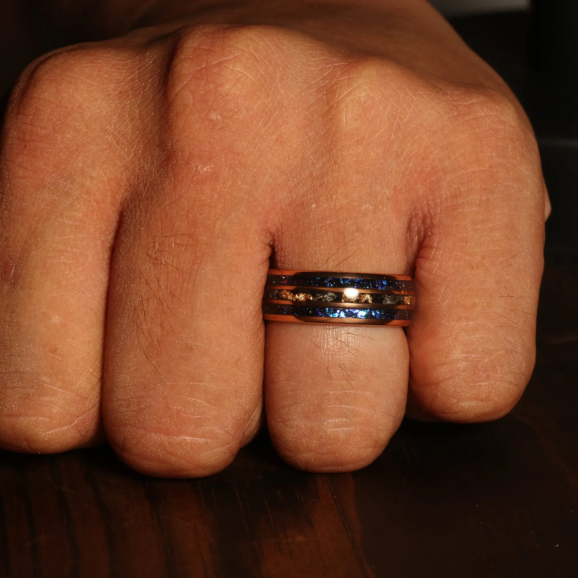 "Monaco" Rose Gold Leaf Blue Opal Meteorite Tungsten Ring 24K Gold Leaf Men's Wedding Band, 8mm