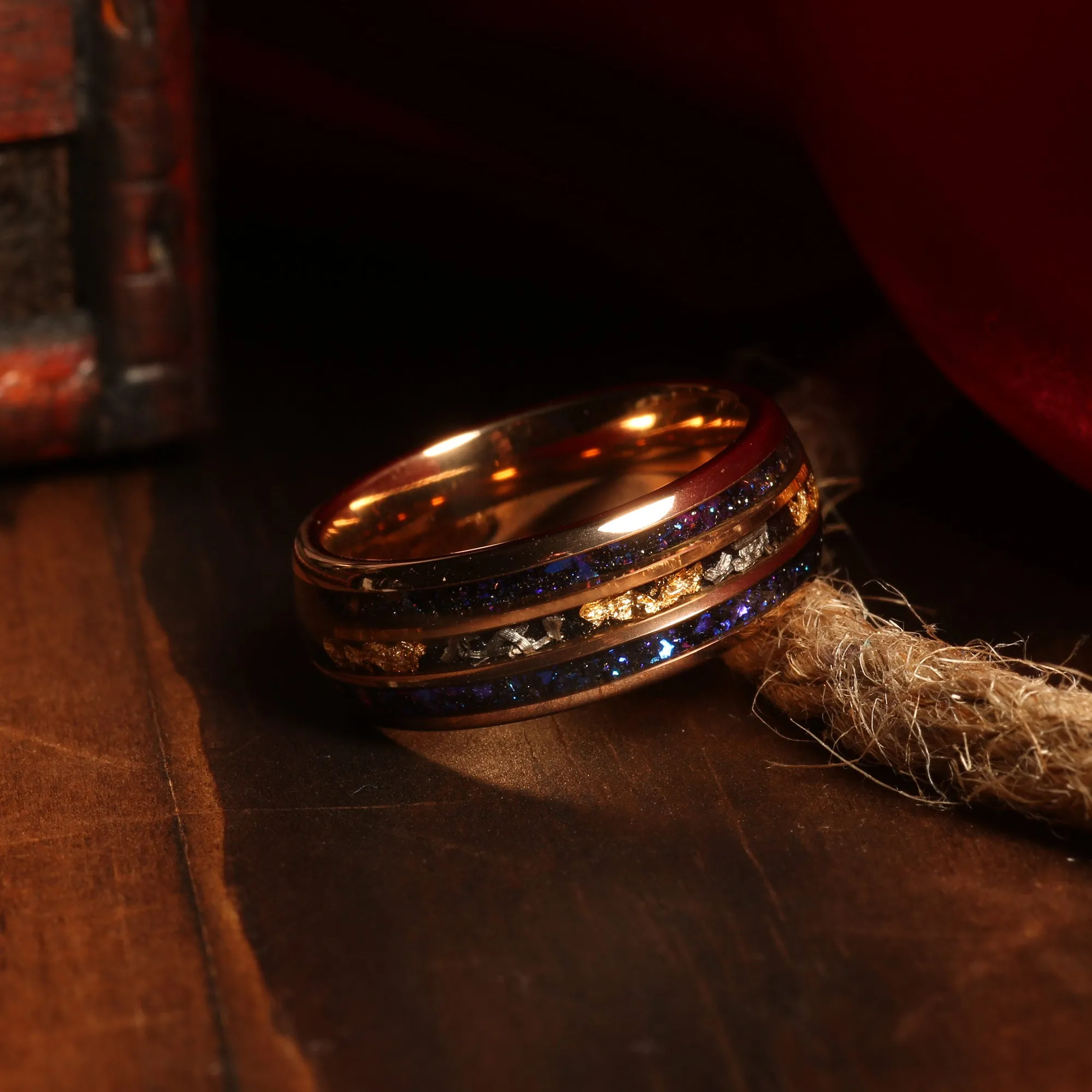 "Monaco" Rose Gold Leaf Blue Opal Meteorite Tungsten Ring 24K Gold Leaf Men's Wedding Band, 8mm