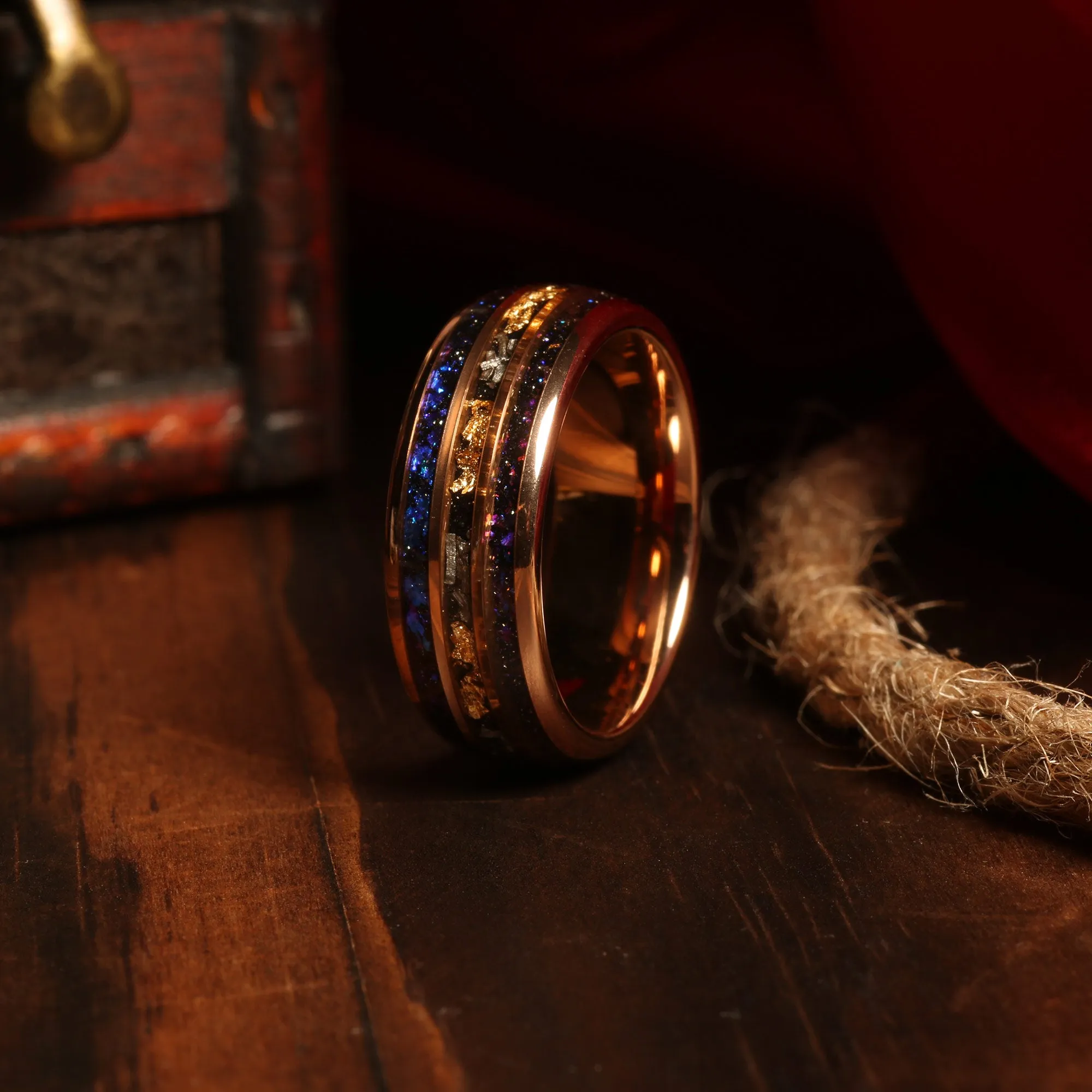 "Monaco" Rose Gold Leaf Blue Opal Meteorite Tungsten Ring 24K Gold Leaf Men's Wedding Band, 8mm