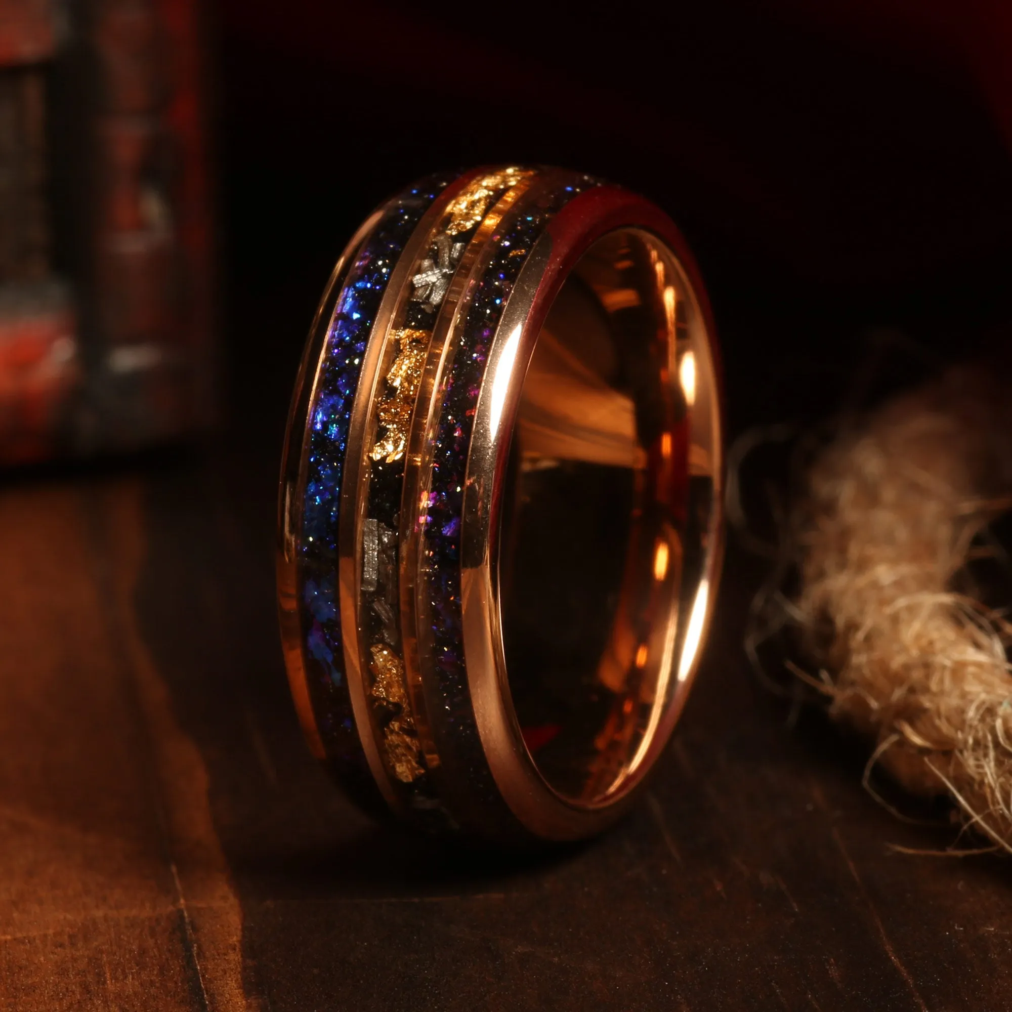 "Monaco" Rose Gold Leaf Blue Opal Meteorite Tungsten Ring 24K Gold Leaf Men's Wedding Band, 8mm