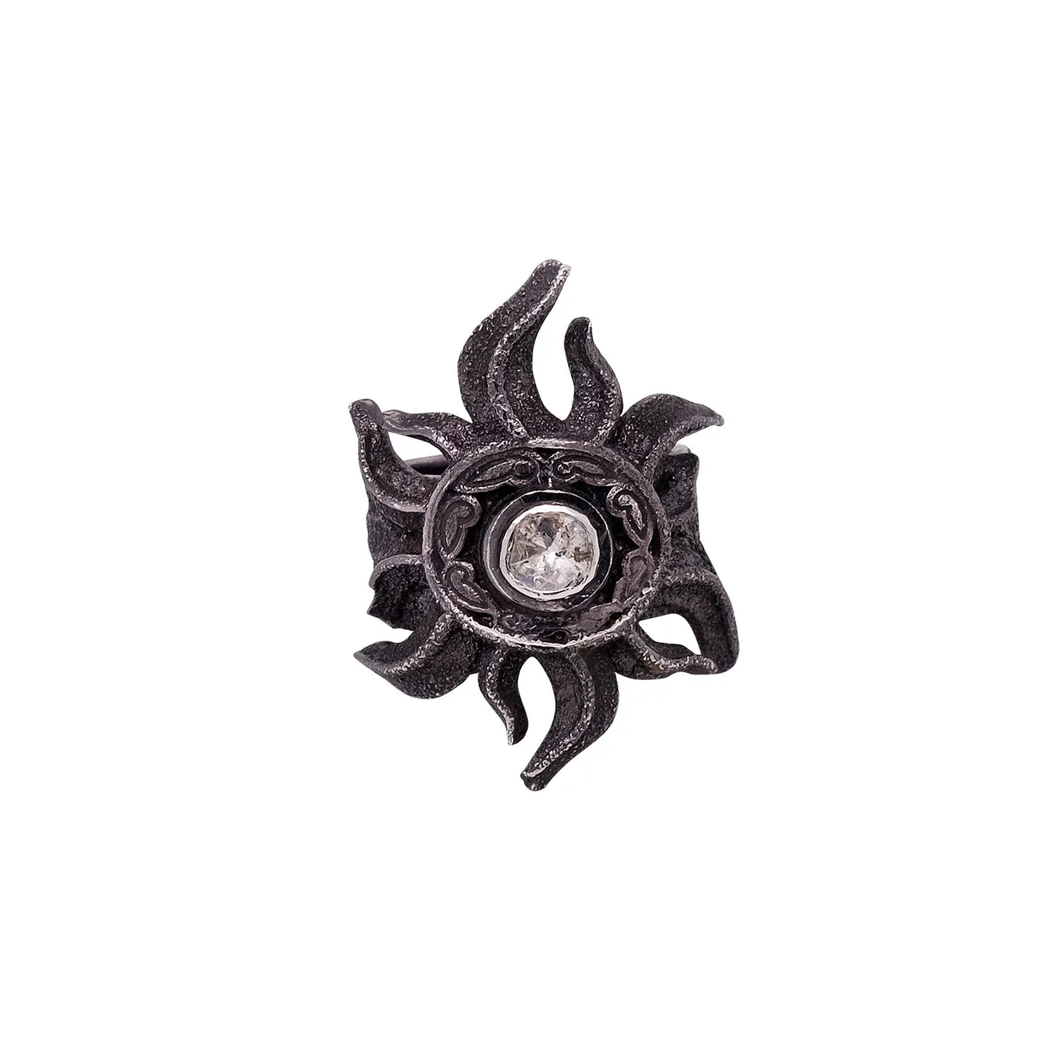 Silver and Black Rhodium Raw Diamond Solar Shield Ring