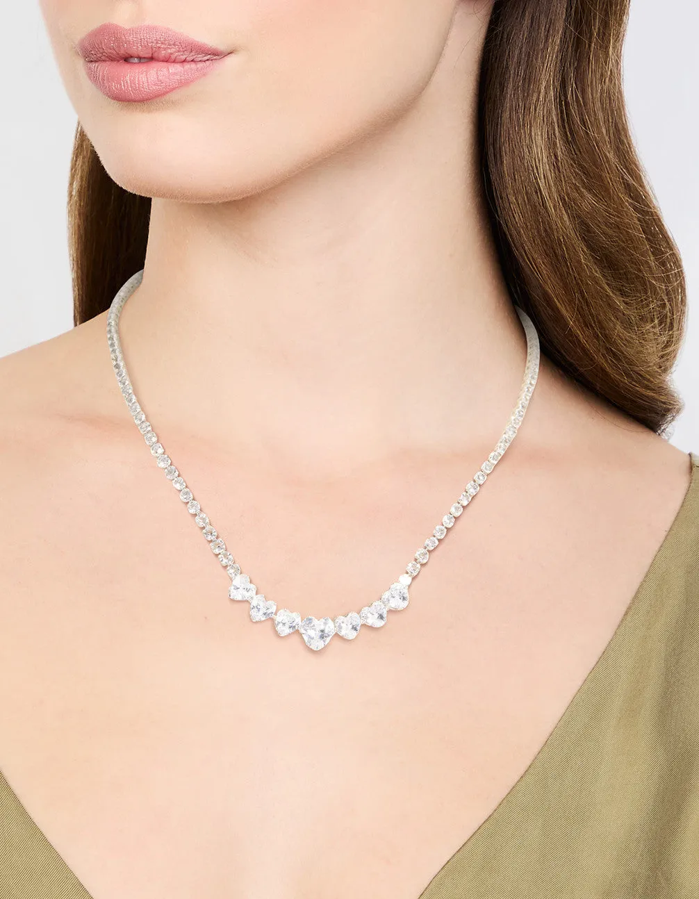 Silver Cubic Zirconia Graduating Heart Necklace