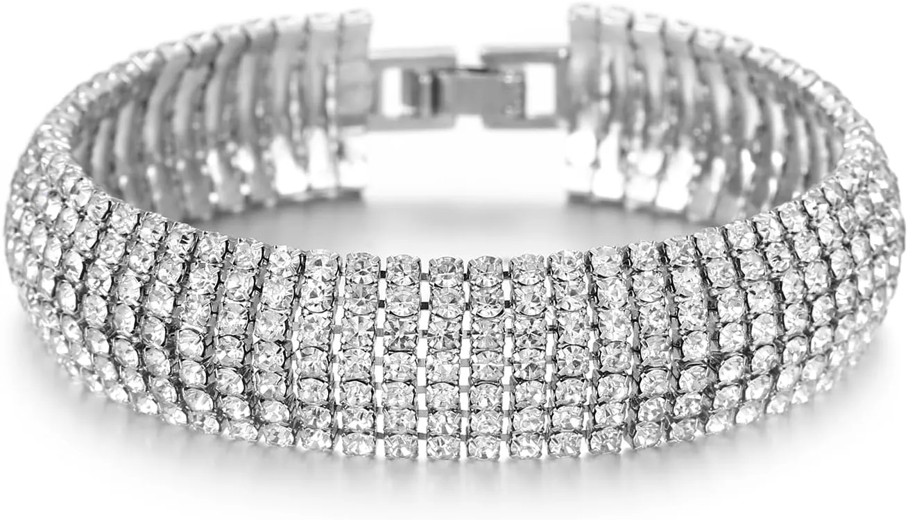 Sparkly Silver Rhinestone Bracelet for Women Chunky Bangle Bracelets Wedding Jewelry Wide 15 MM