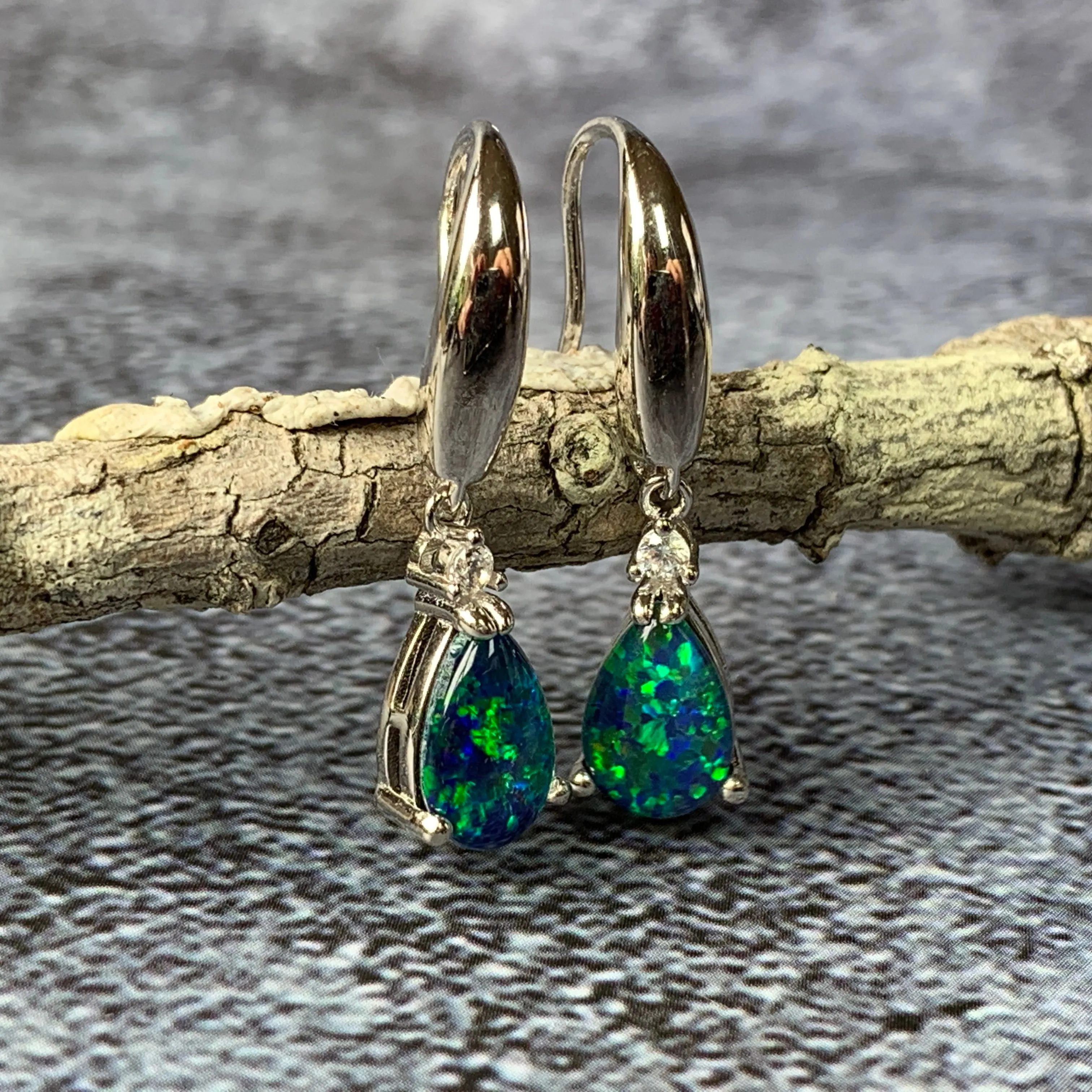 Sterling Silver 9x6mm pear shape Opal triplets dangling earrings with cubic zirconia