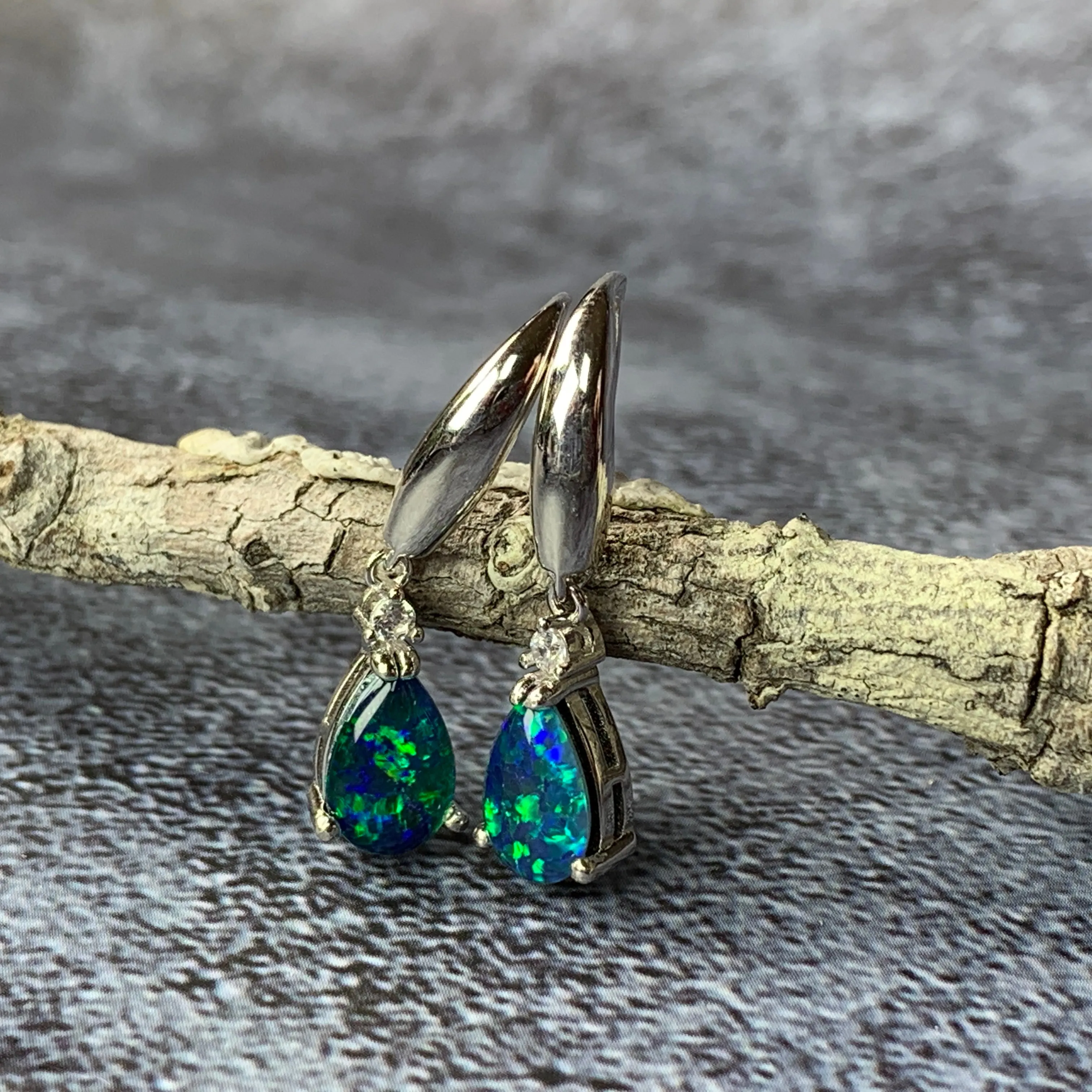 Sterling Silver 9x6mm pear shape Opal triplets dangling earrings with cubic zirconia