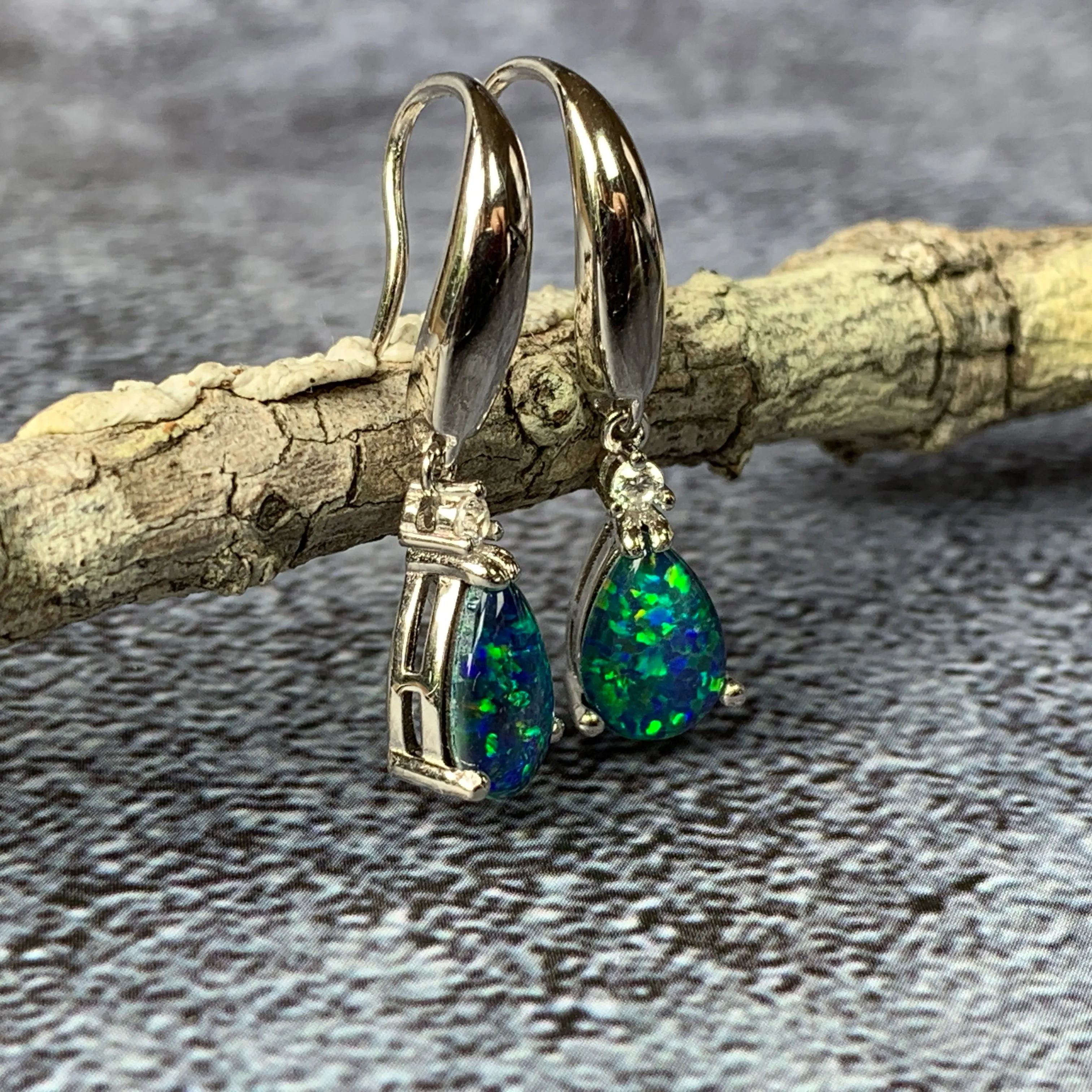 Sterling Silver 9x6mm pear shape Opal triplets dangling earrings with cubic zirconia