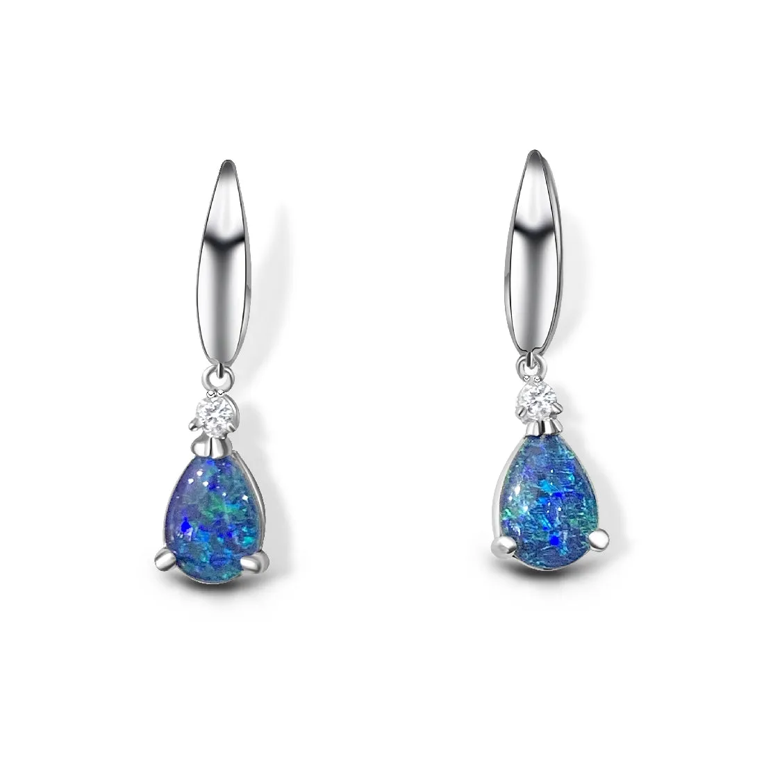 Sterling Silver 9x6mm pear shape Opal triplets dangling earrings with cubic zirconia