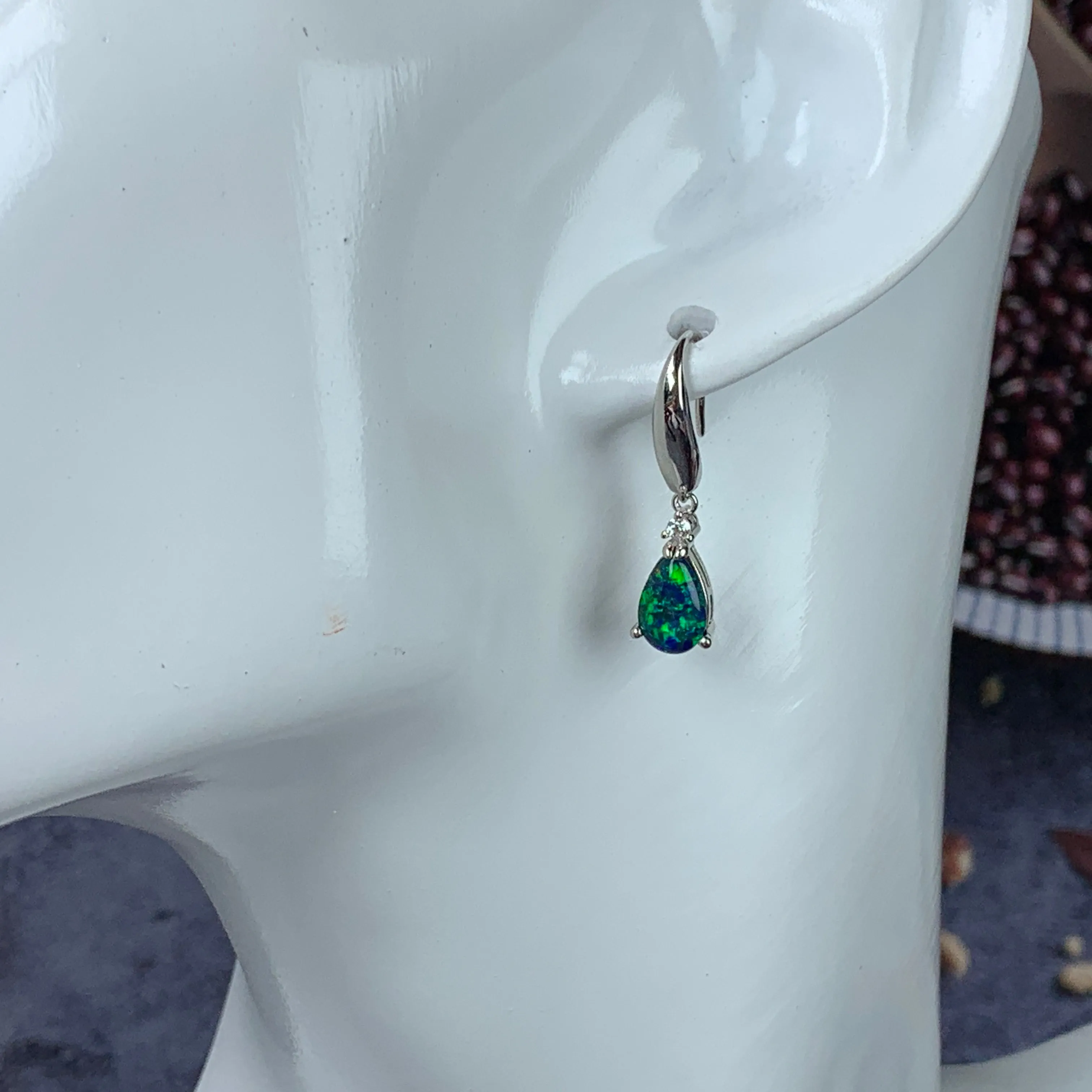 Sterling Silver 9x6mm pear shape Opal triplets dangling earrings with cubic zirconia