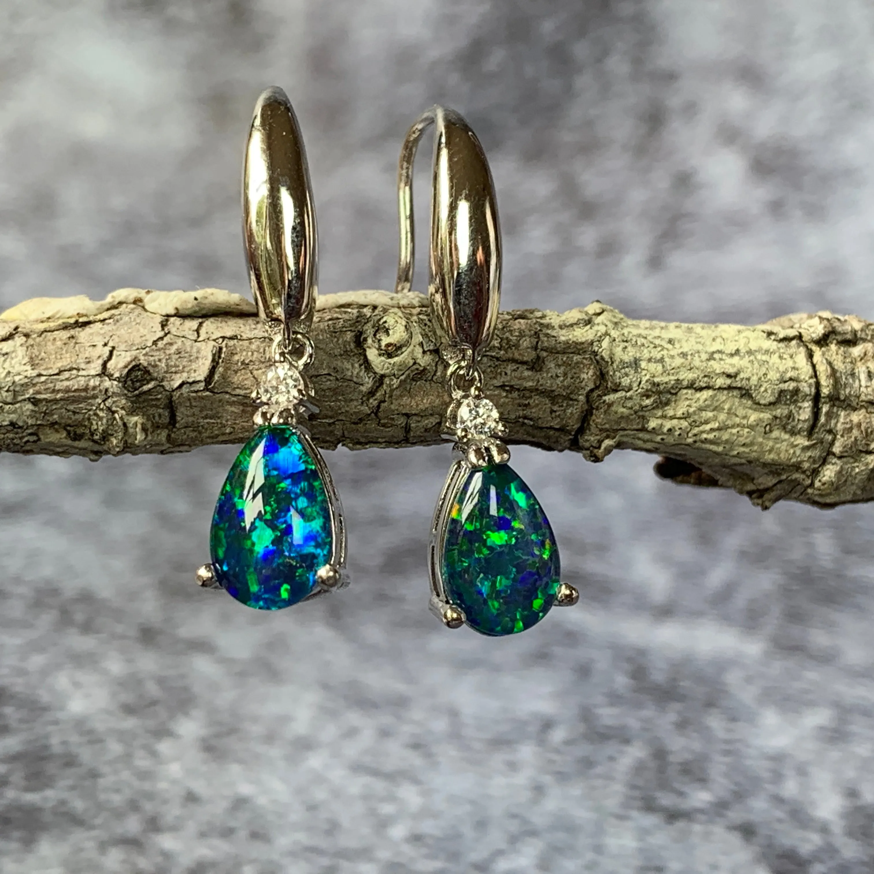 Sterling Silver 9x6mm pear shape Opal triplets dangling earrings with cubic zirconia
