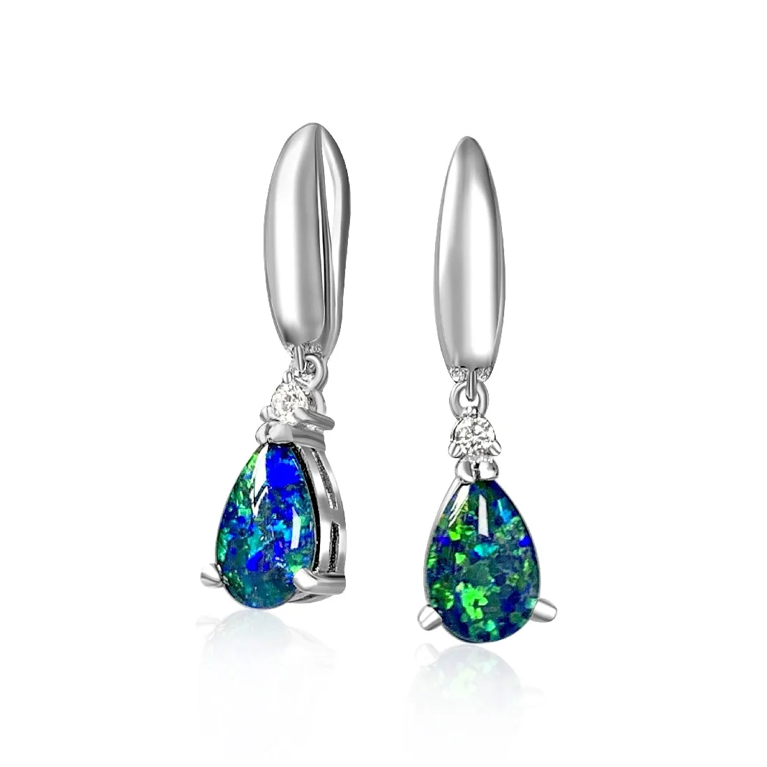 Sterling Silver 9x6mm pear shape Opal triplets dangling earrings with cubic zirconia
