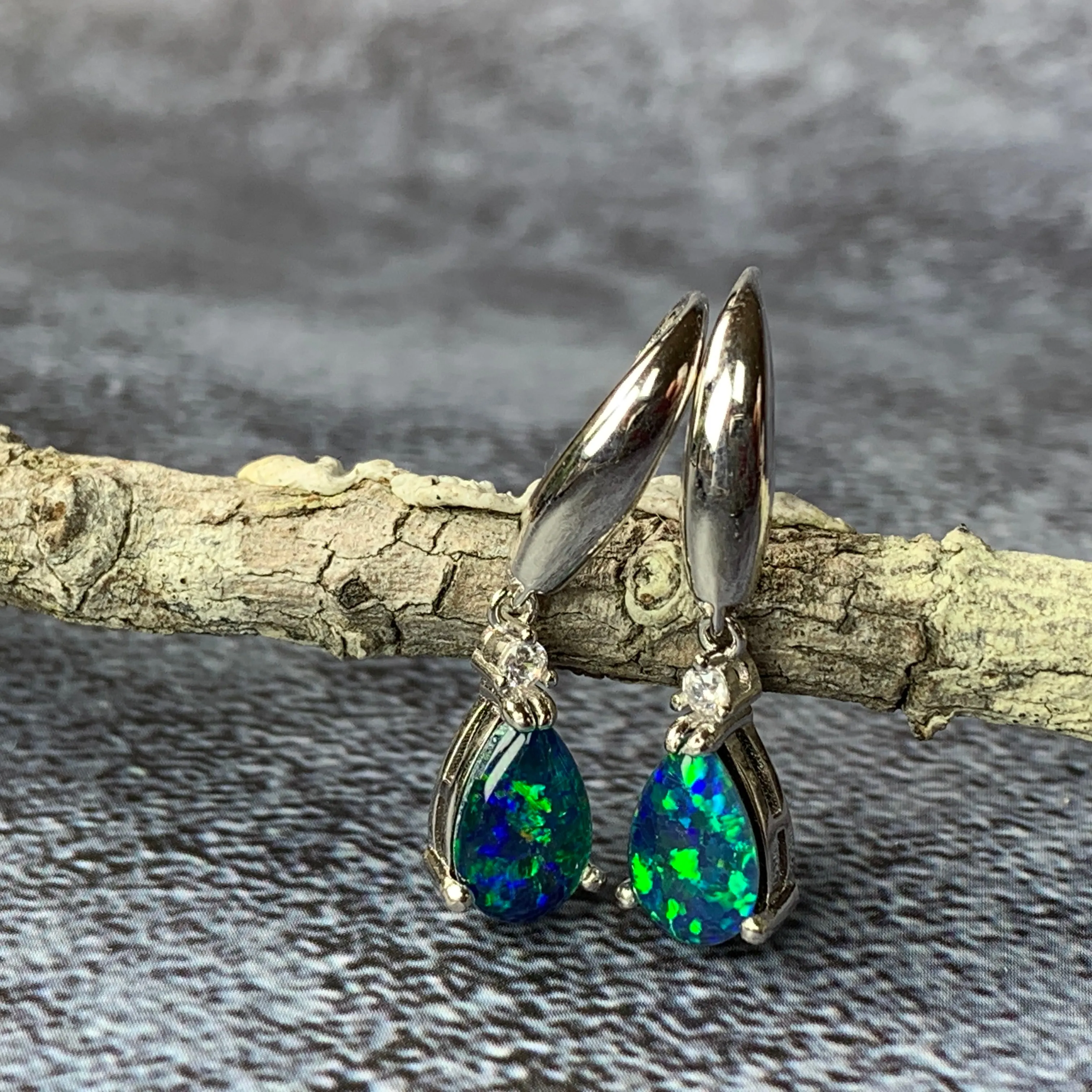Sterling Silver 9x6mm pear shape Opal triplets dangling earrings with cubic zirconia