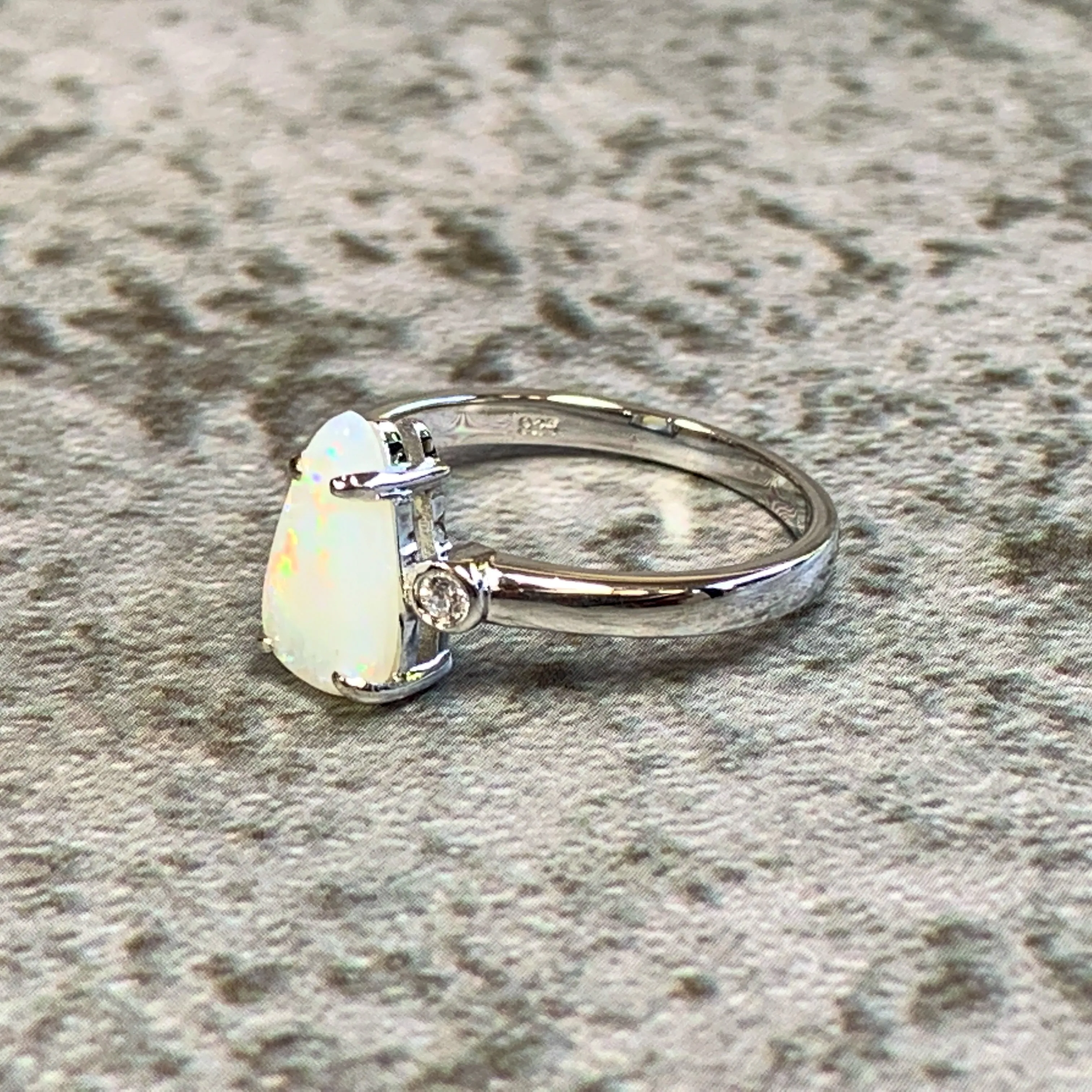 Sterling Silver Long teardrop shape White Opal ring