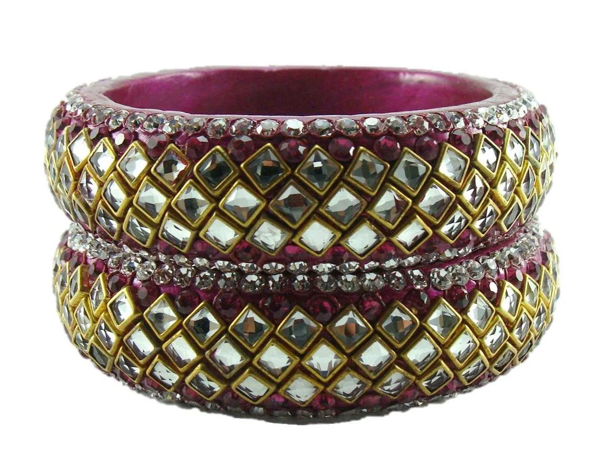 Sukriti Designer Kundan Magenta Lac Bangles for Women - Set of 2