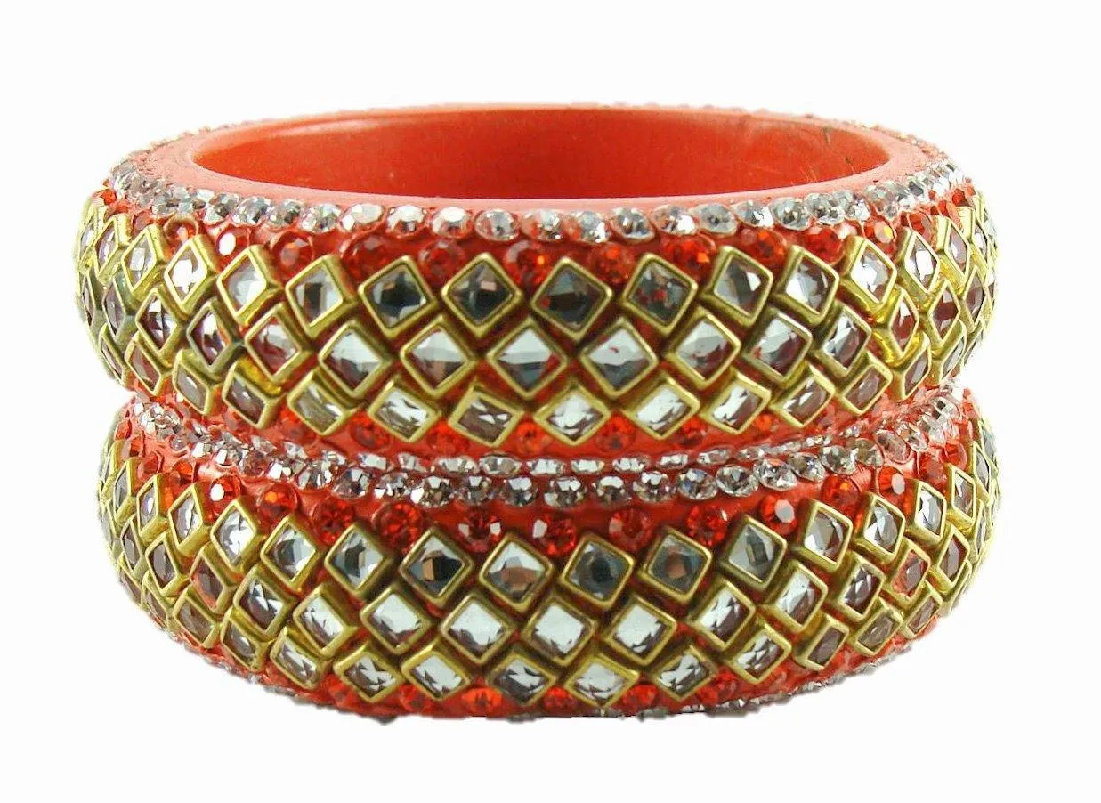 Sukriti Designer Kundan Orange Lac Bangles for Women - Set of 2