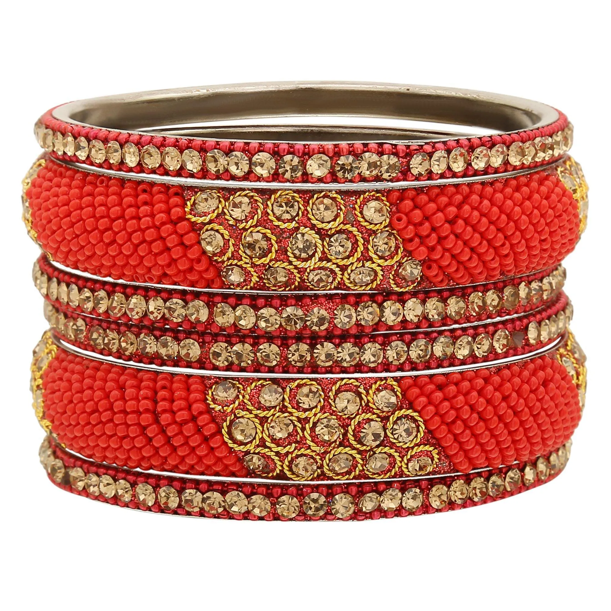 Sukriti Indian Stylish Beads Studded Brass Red Bangles Bollywood Jewelry for Women - Set of 6