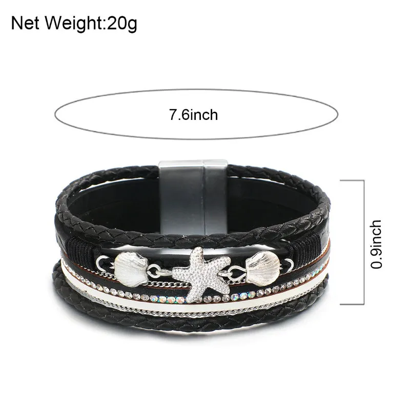 Summer Fashion Starfish and Seashell Charm Vegan Leather Wrap Bracelets