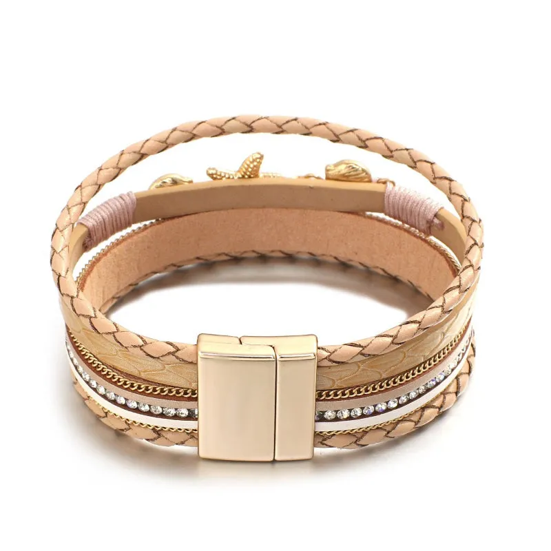 Summer Fashion Starfish and Seashell Charm Vegan Leather Wrap Bracelets