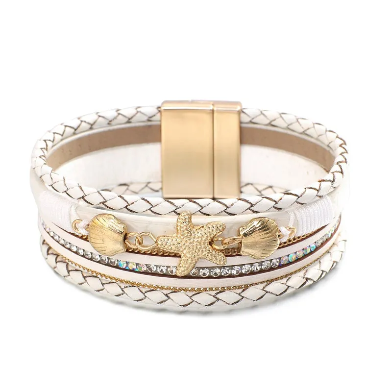 Summer Fashion Starfish and Seashell Charm Vegan Leather Wrap Bracelets
