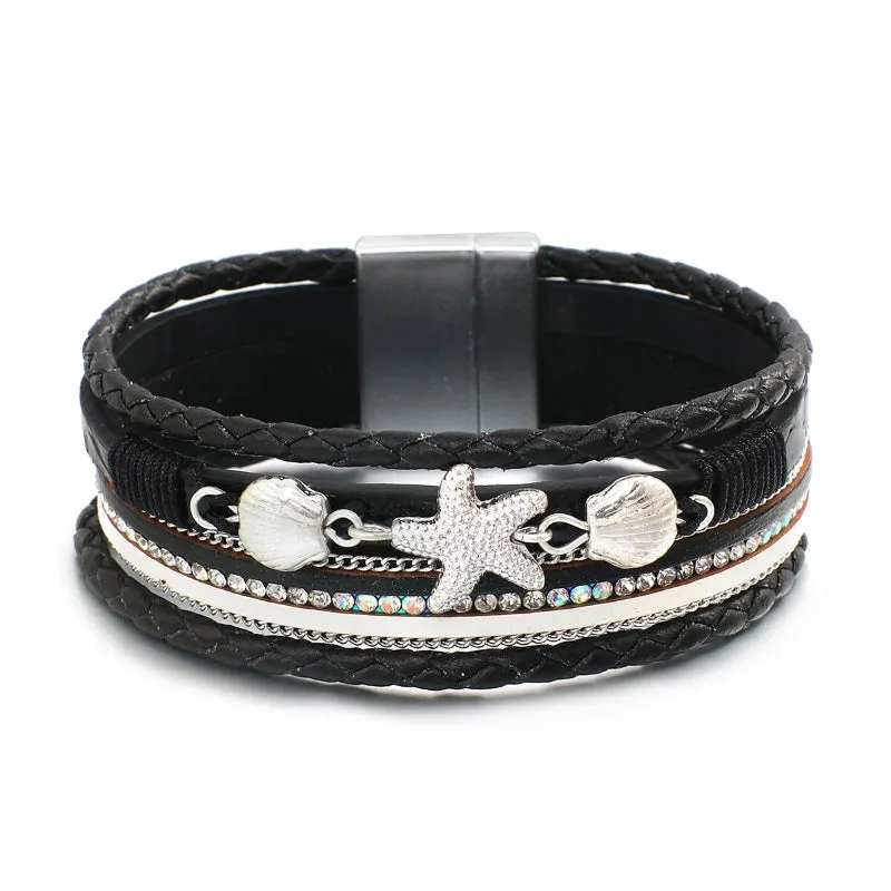 Summer Fashion Starfish and Seashell Charm Vegan Leather Wrap Bracelets