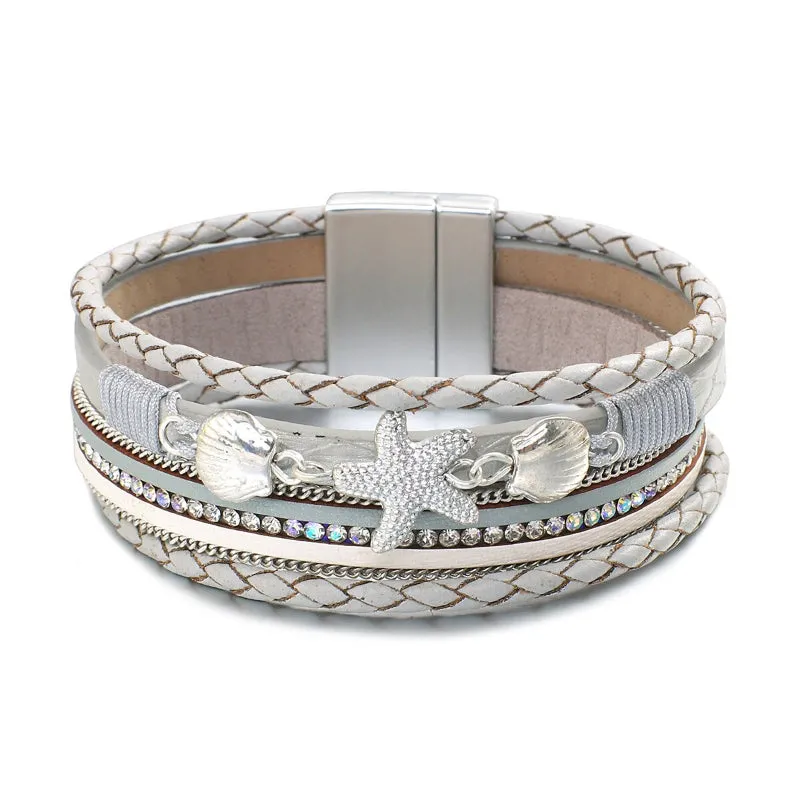 Summer Fashion Starfish and Seashell Charm Vegan Leather Wrap Bracelets