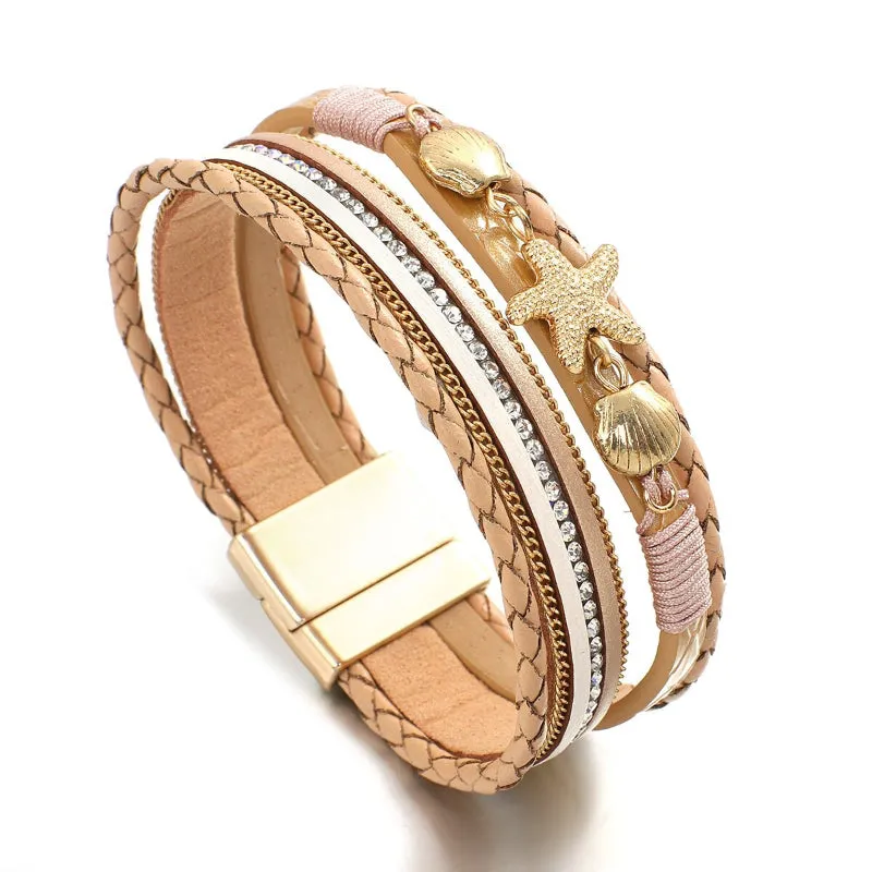 Summer Fashion Starfish and Seashell Charm Vegan Leather Wrap Bracelets