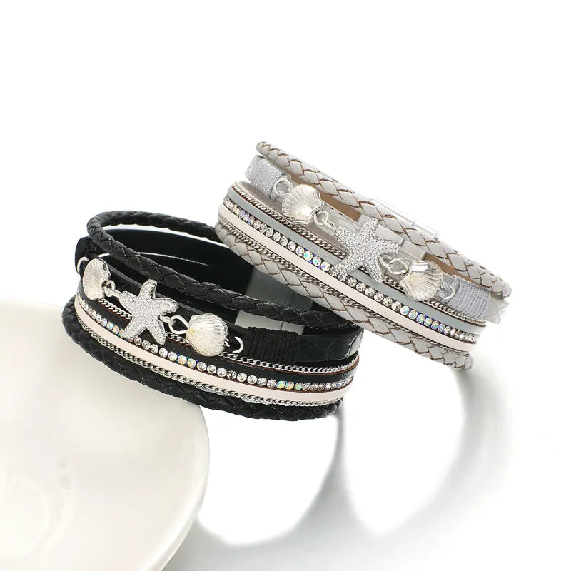 Summer Fashion Starfish and Seashell Charm Vegan Leather Wrap Bracelets