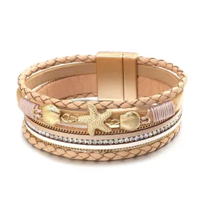 Summer Fashion Starfish and Seashell Charm Vegan Leather Wrap Bracelets