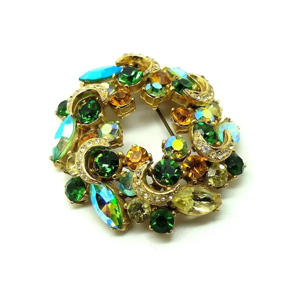 Vintage 1960s Designer Sphinx Aurora Borealis Green Brooch