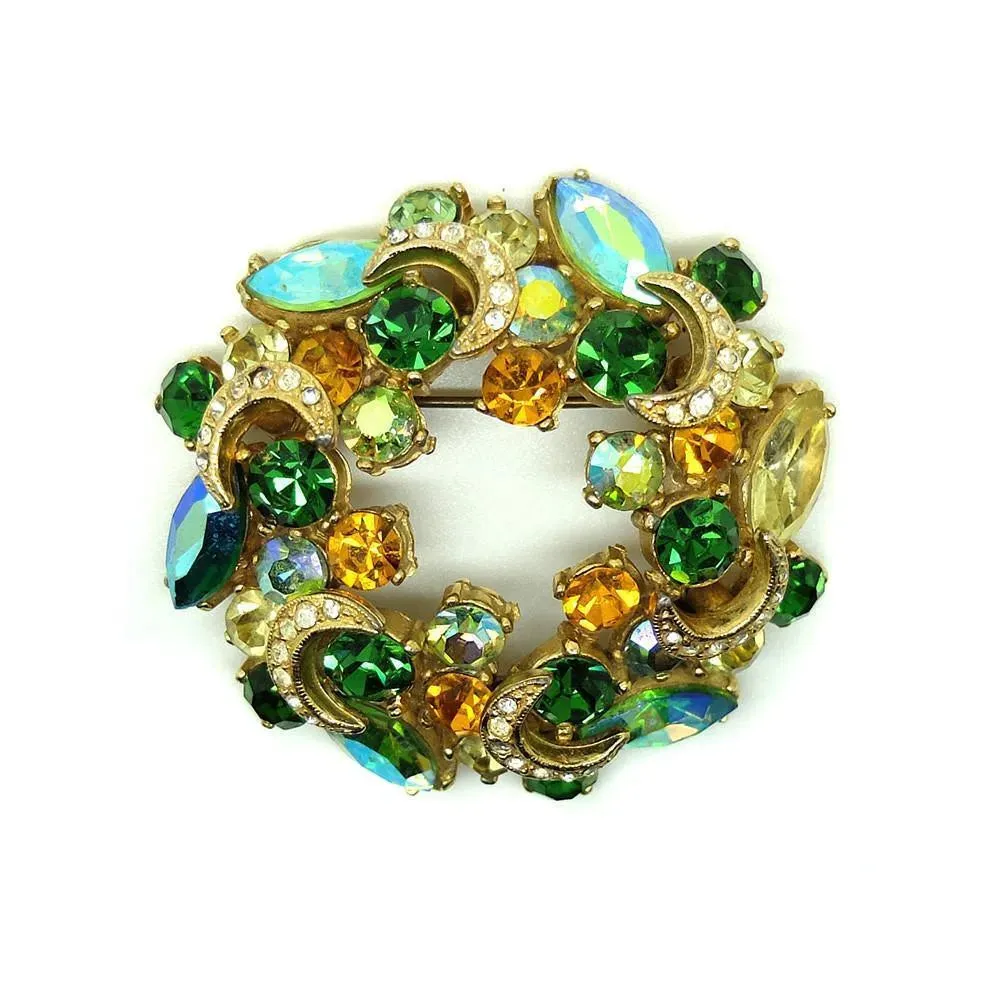 Vintage 1960s Designer Sphinx Aurora Borealis Green Brooch