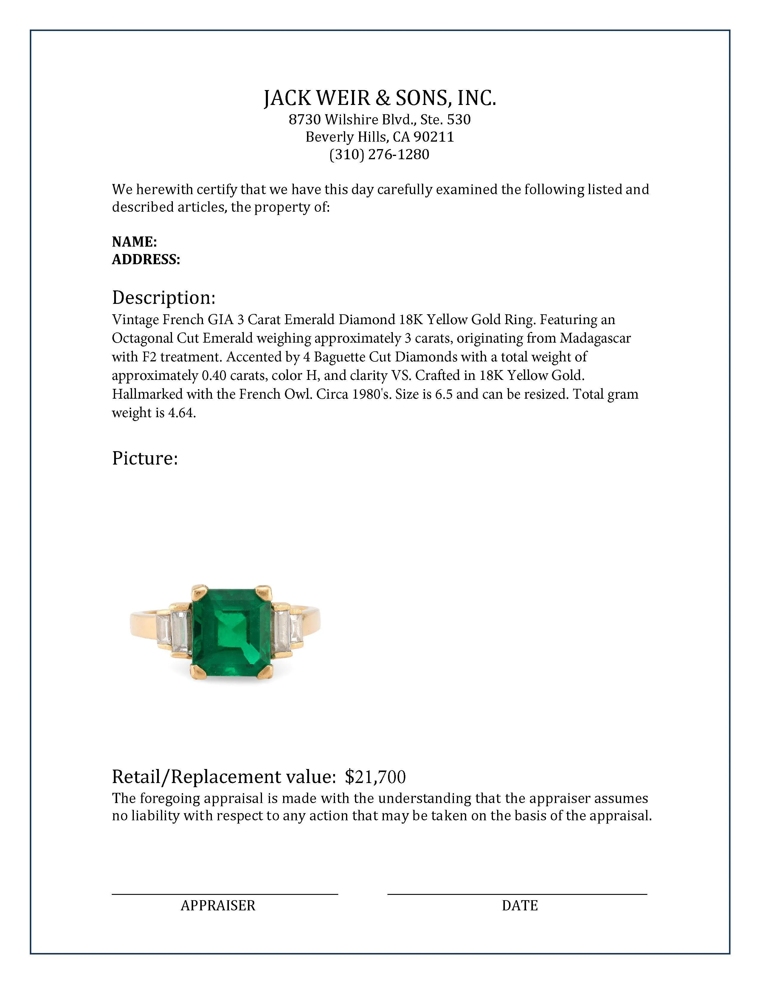 Vintage French GIA 3 Carat Emerald Diamond 18K Yellow Gold Ring