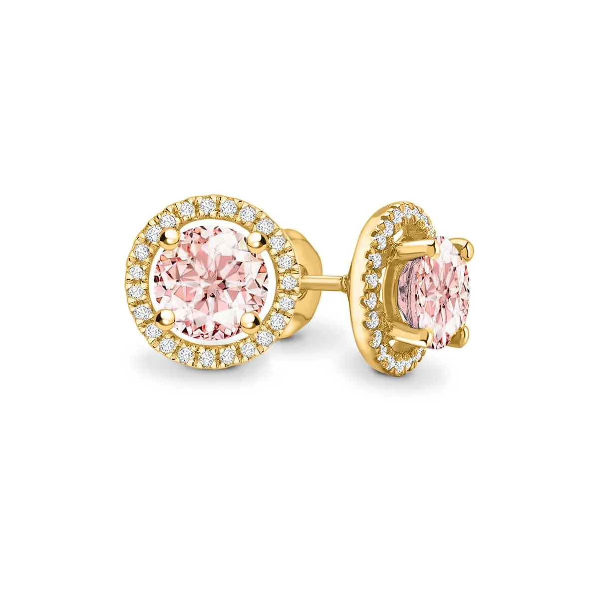 VOGUE - Round Champagne Sapphire & Diamond 18k Yellow Gold Halo Earrings